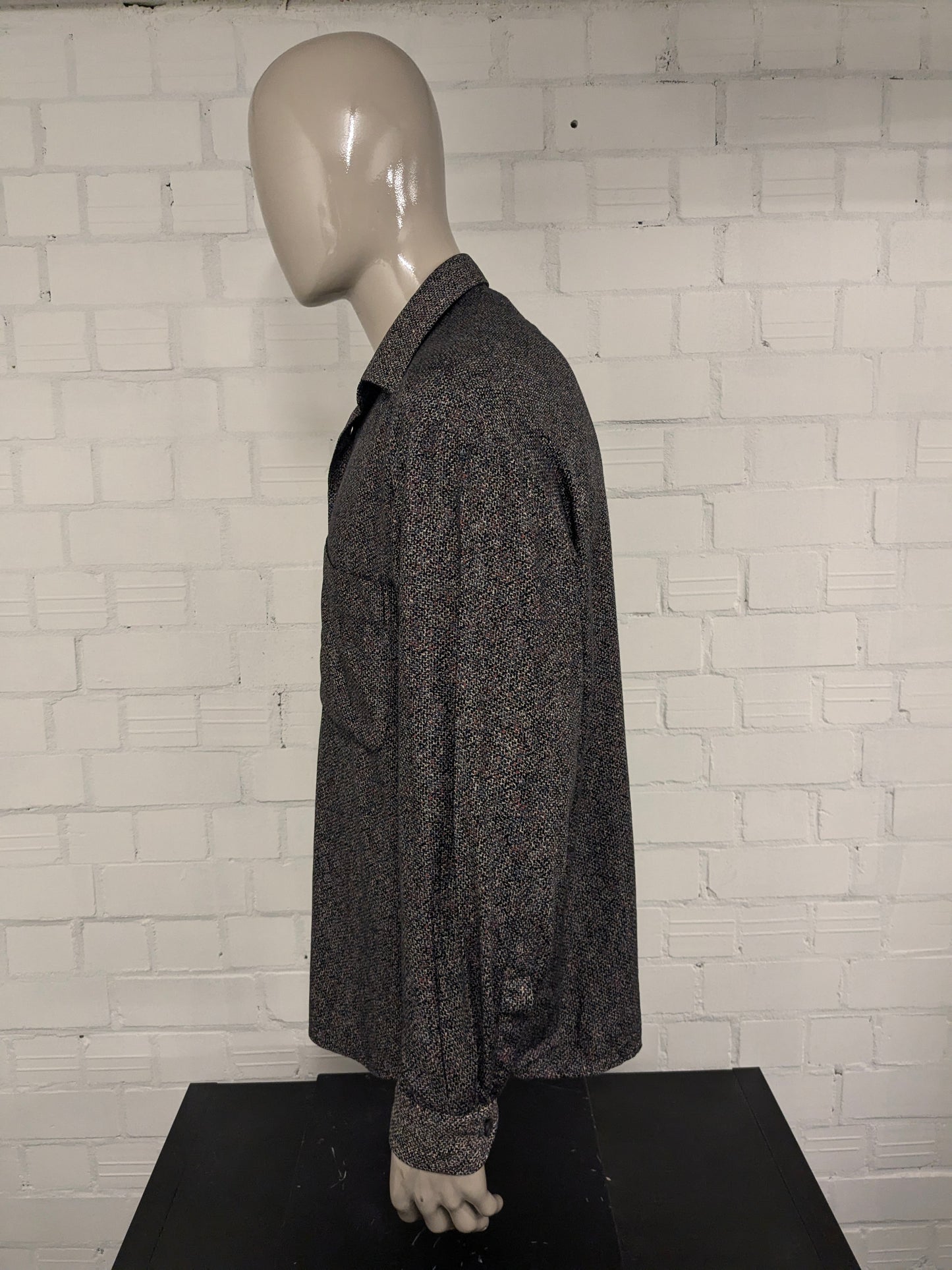 Chemise vintage Jean Chatel. Imprimé brun bleu noir rouge. Taille 2xl / xxl.