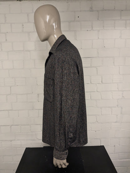 Chemise vintage Jean Chatel. Imprimé brun bleu noir rouge. Taille 2xl / xxl.