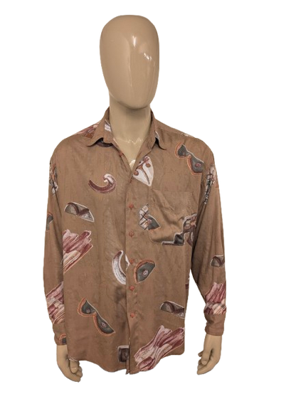 Vintage 80-90's Haupt overhemd .Bruin Grijs Rode print. Maat 2XL / XXL.