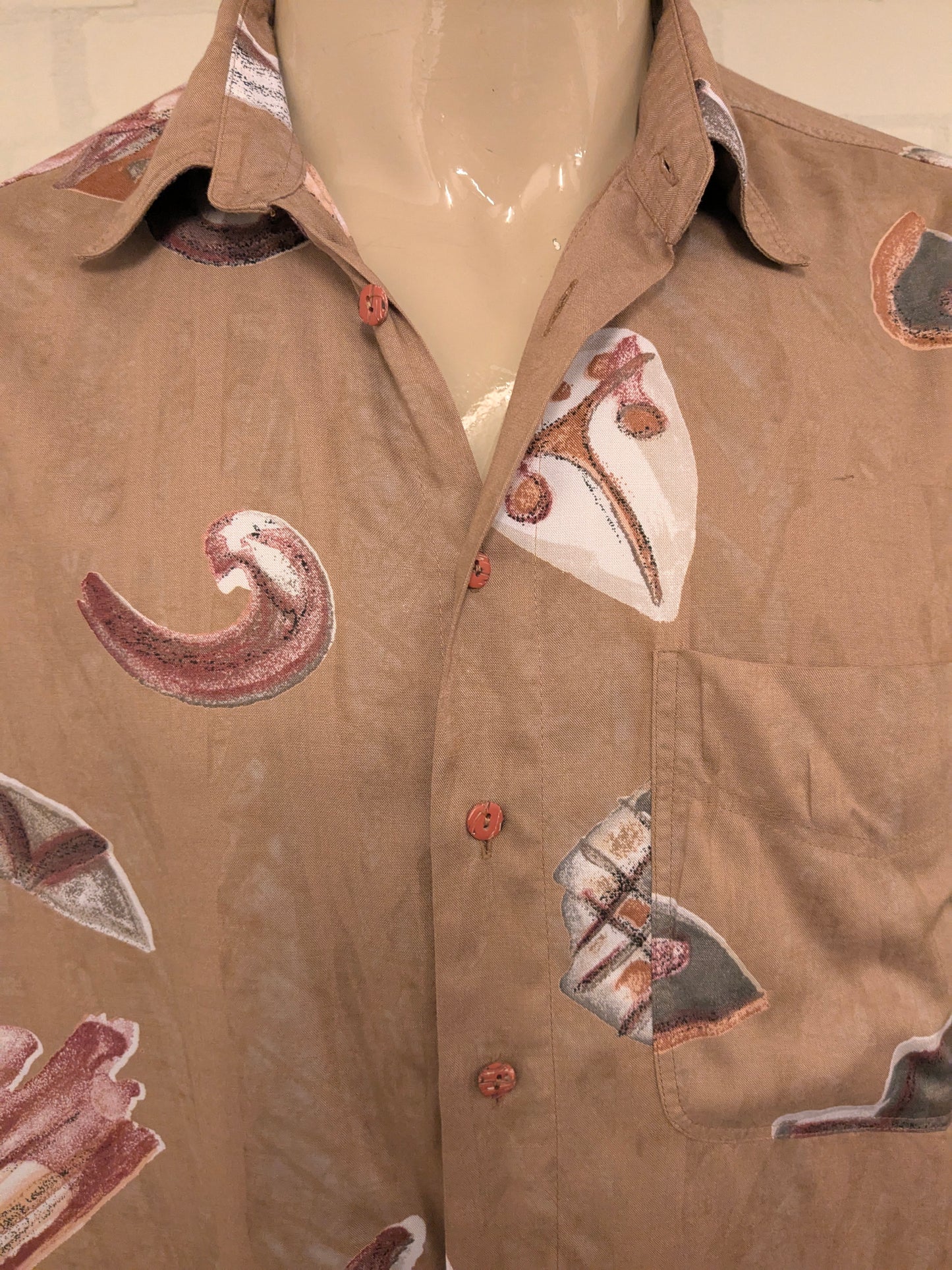 Vintage 80-90's Haupt overhemd .Bruin Grijs Rode print. Maat 2XL / XXL.