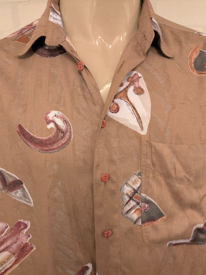 Vintage 80-90's Haupt overhemd .Bruin Grijs Rode print. Maat 2XL / XXL.
