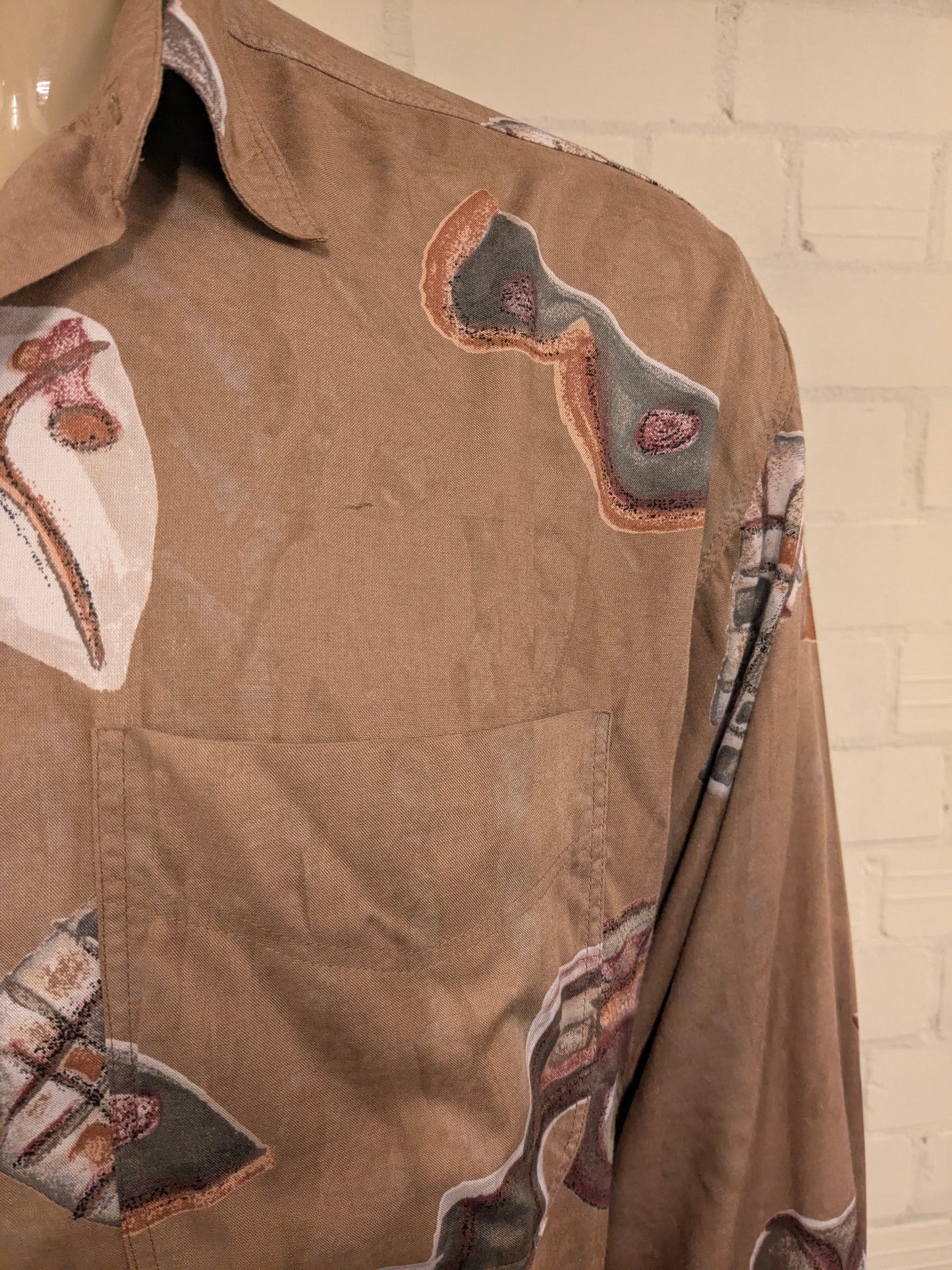 Vintage 80-90's Haupt overhemd .Bruin Grijs Rode print. Maat 2XL / XXL.