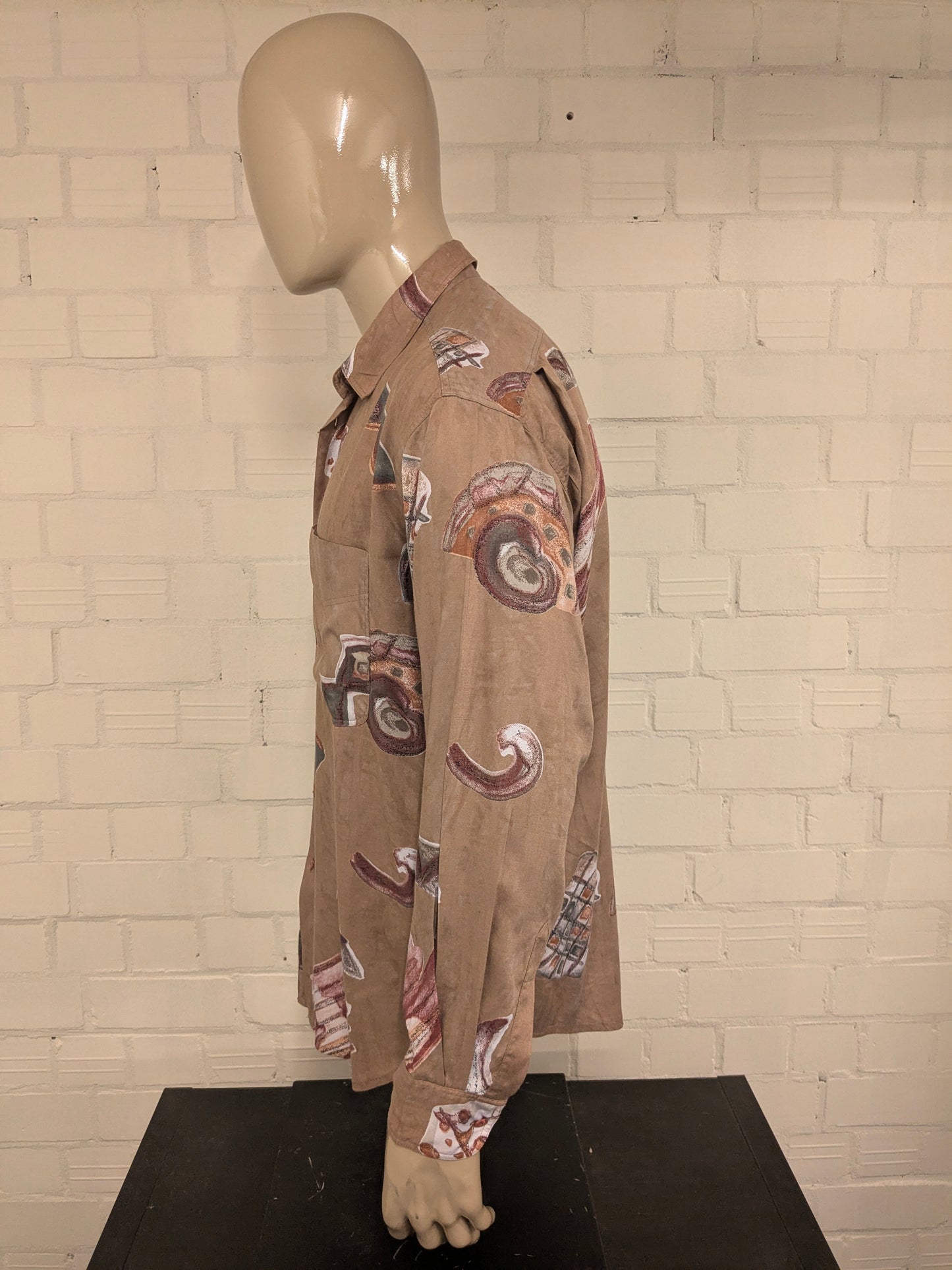 Vintage 80-90's Haupt overhemd .Bruin Grijs Rode print. Maat 2XL / XXL.