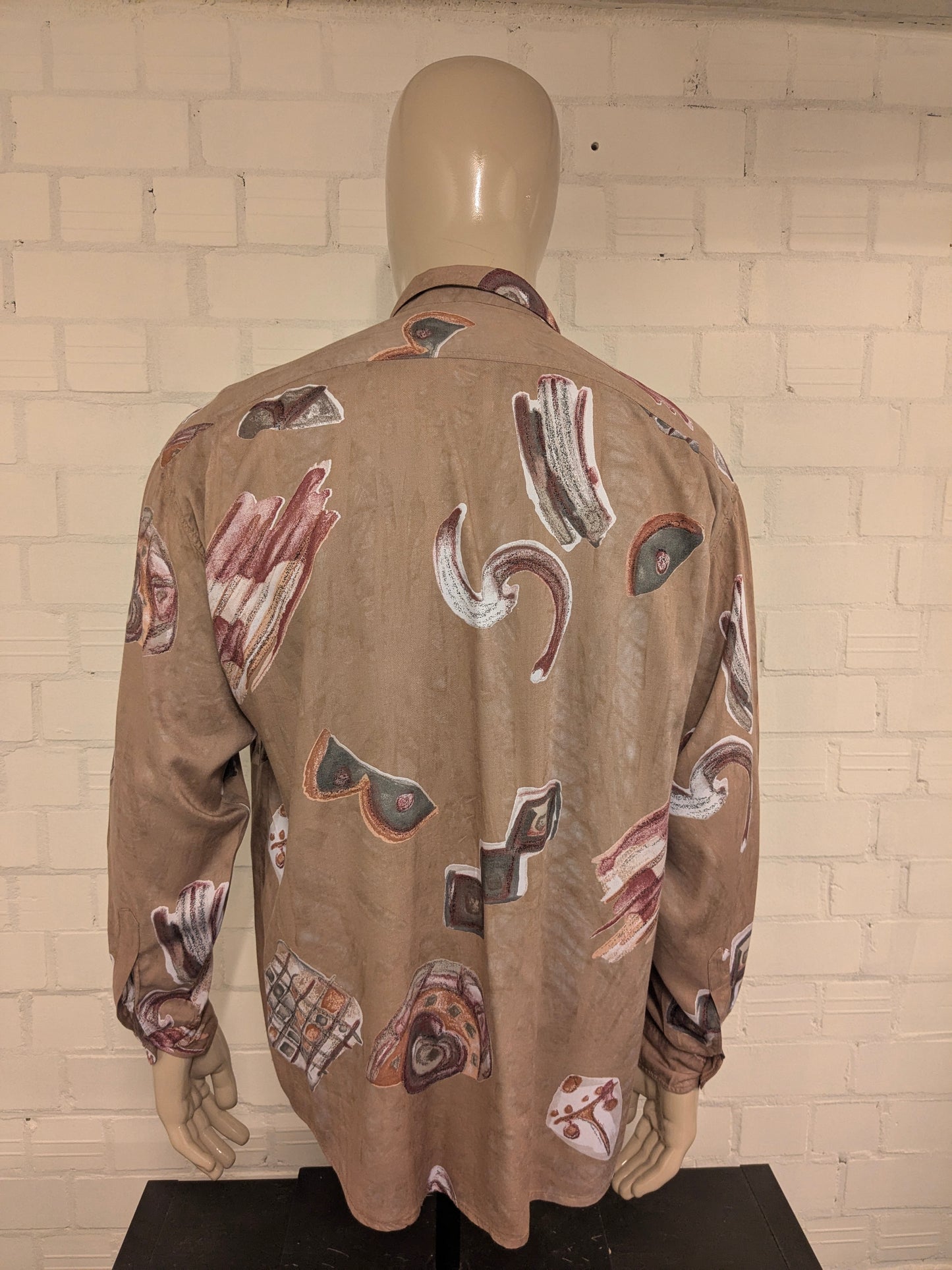 Vintage 80-90's Haupt overhemd .Bruin Grijs Rode print. Maat 2XL / XXL.