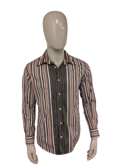 Mexx -Shirt. Rotbraunes Gelb Streifen -Vintage -Motiv. Größe L.