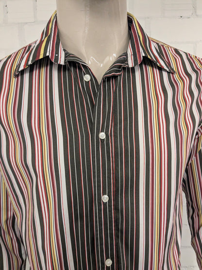 Mexx -Shirt. Rotbraunes Gelb Streifen -Vintage -Motiv. Größe L.