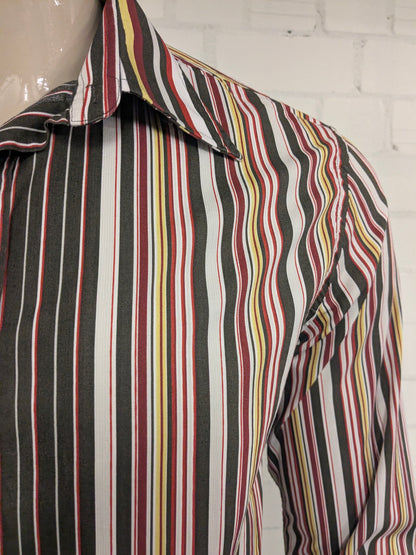 Mexx -Shirt. Rotbraunes Gelb Streifen -Vintage -Motiv. Größe L.