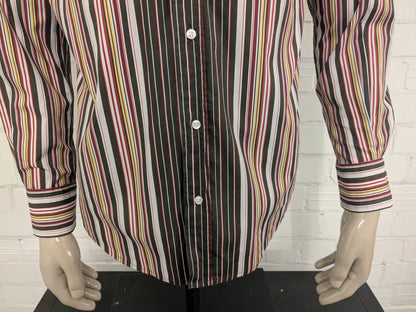 Mexx -Shirt. Rotbraunes Gelb Streifen -Vintage -Motiv. Größe L.