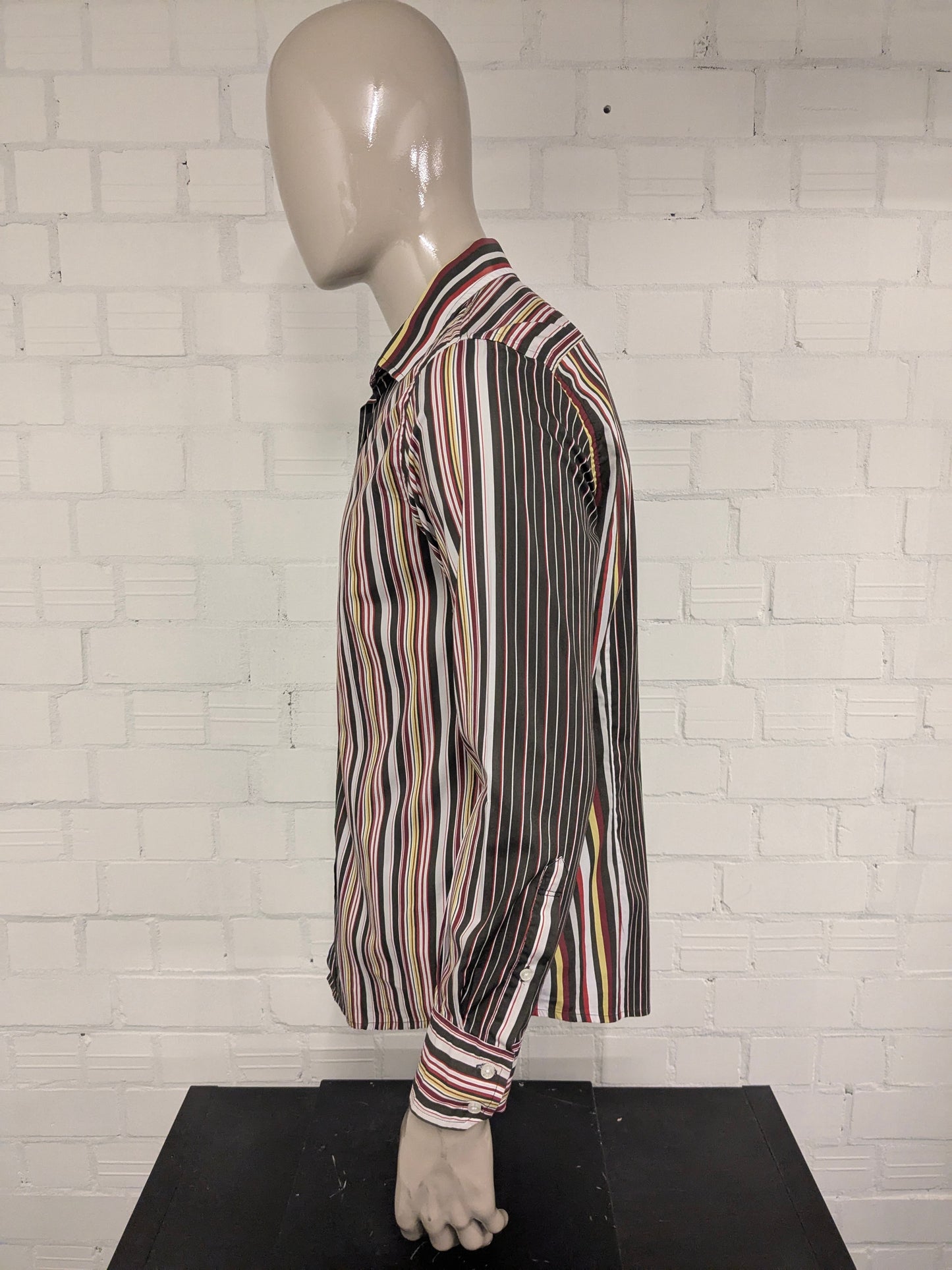 Mexx -Shirt. Rotbraunes Gelb Streifen -Vintage -Motiv. Größe L.