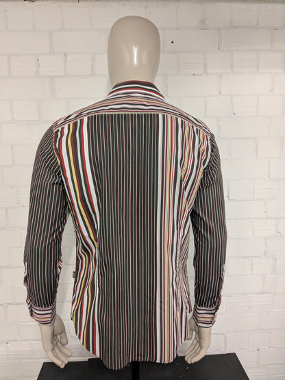 Mexx -Shirt. Rotbraunes Gelb Streifen -Vintage -Motiv. Größe L.