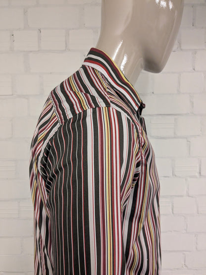 Mexx -Shirt. Rotbraunes Gelb Streifen -Vintage -Motiv. Größe L.