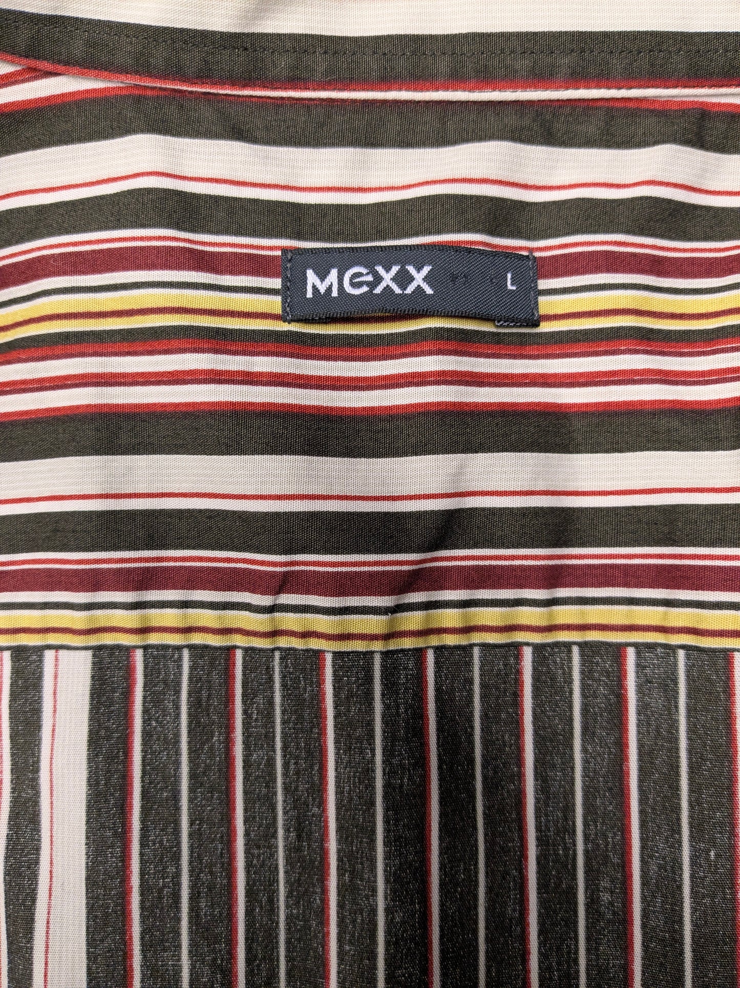Mexx -Shirt. Rotbraunes Gelb Streifen -Vintage -Motiv. Größe L.