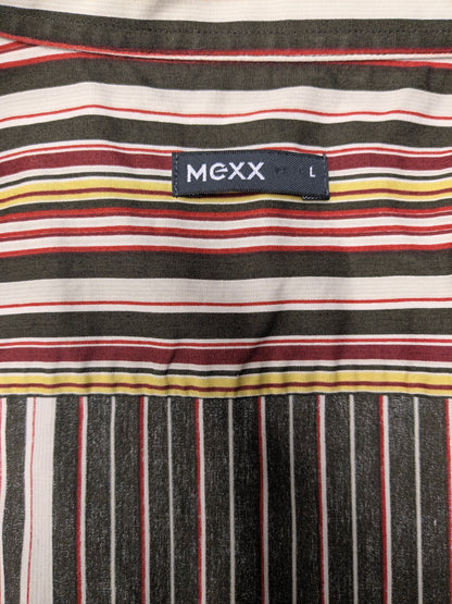 Mexx -Shirt. Rotbraunes Gelb Streifen -Vintage -Motiv. Größe L.