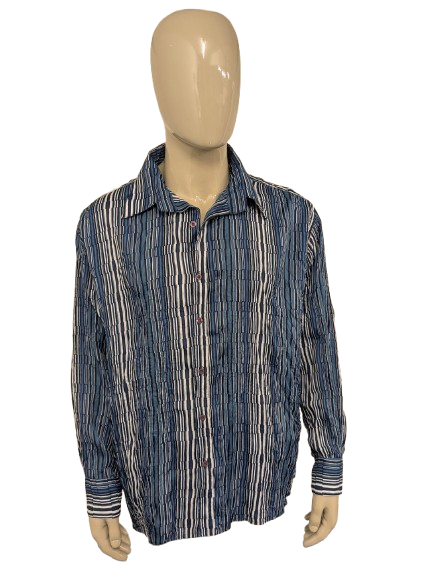 Vintage New Roods Hemd mit Falteneffekt – blau/weiß/schwarzer Aufdruck – Größe 3XL