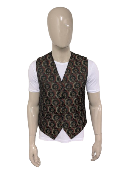 Vintage gilet. Groen Rood glanzend motief. Maat M.