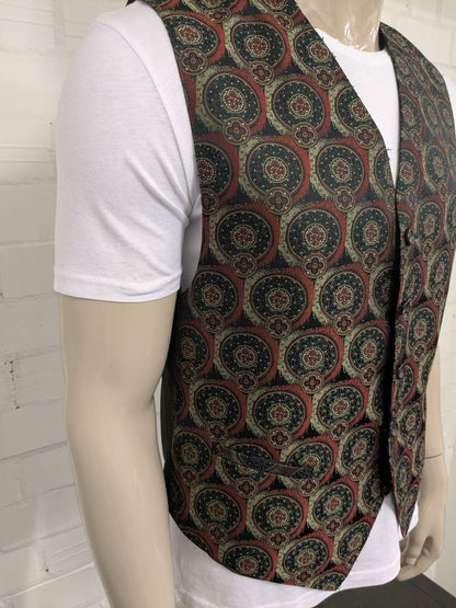 Gilet vintage. Motivo lucido rosso verde. Taglia M.