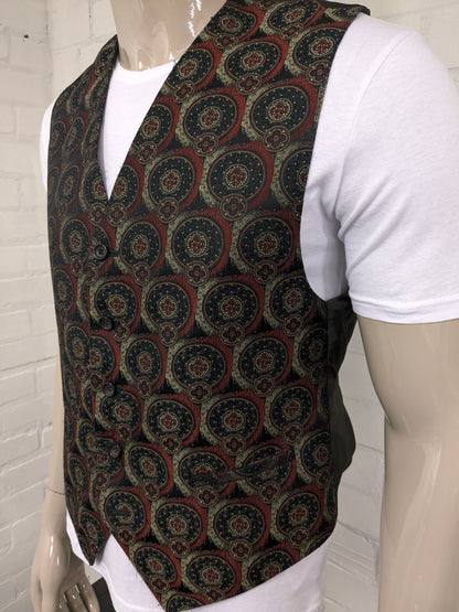 Gilet vintage. Motivo lucido rosso verde. Taglia M.