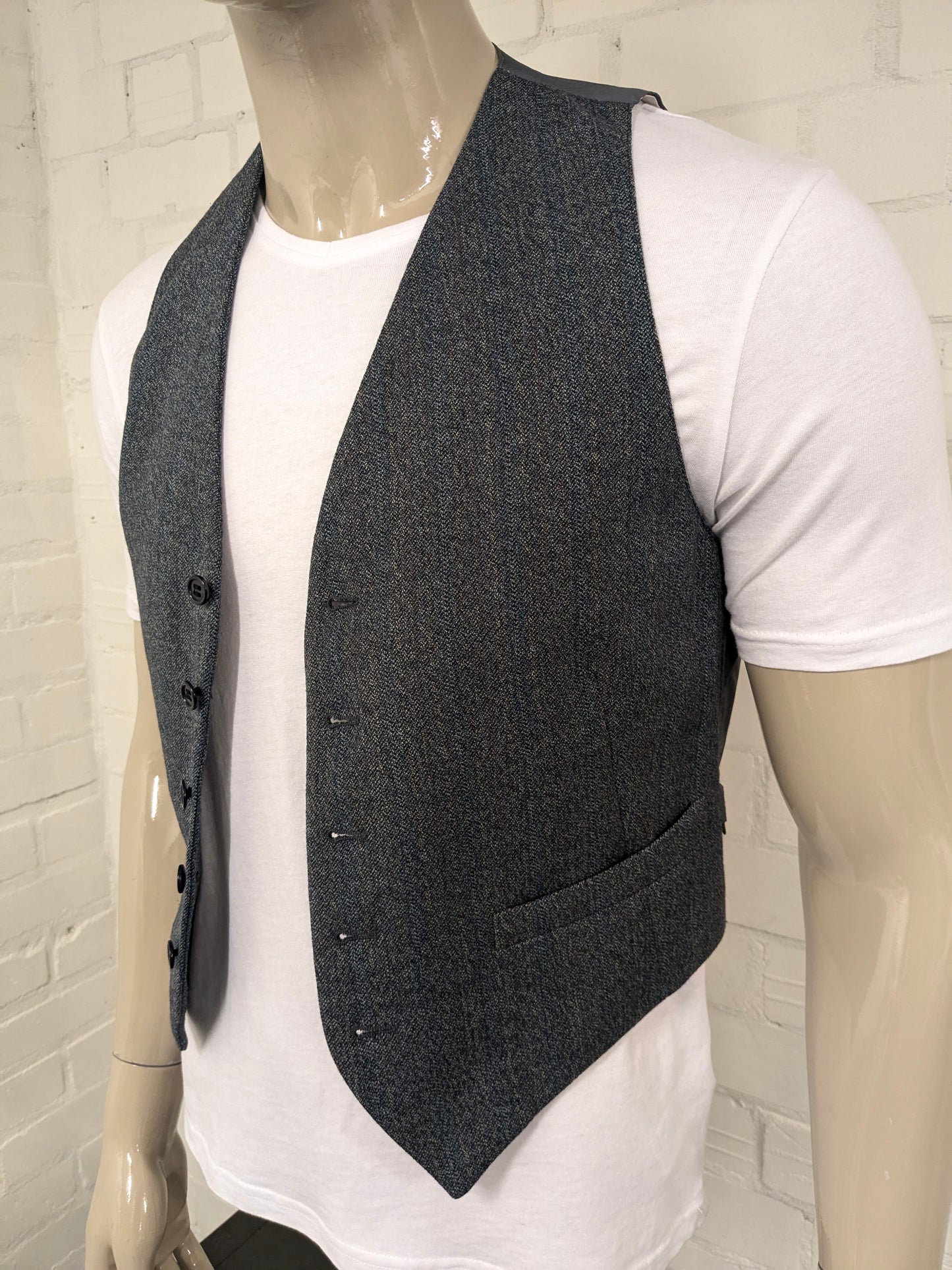 Vintage gilet. Grijs Bruin Blauw gestreept. Maat S.