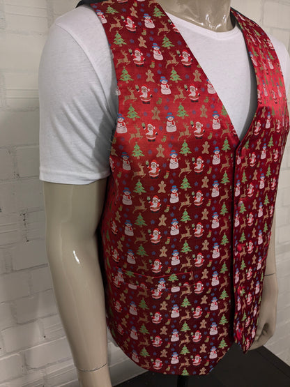 Hisdern "Christmas / Santa Claus" waistcoat. Red green Christmas print. Size XL.
