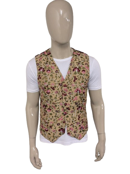Vintage Jenny Farley gilet. Paars Roze Beige Groen geborduurde bloemen. Maat L.