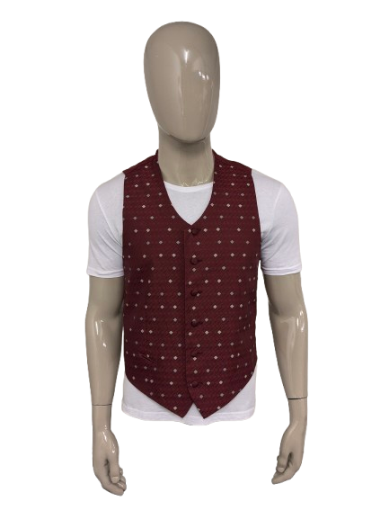 Vintage gilet. Donker Rood Wit licht glanzend motief. Maat M.