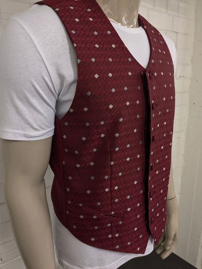 Vintage gilet. Donker Rood Wit licht glanzend motief. Maat M.