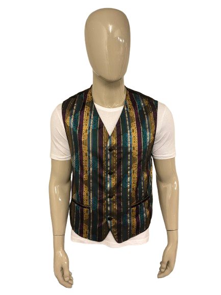 Vintage Whoopi gilet. Glanzend Paars Blauw Groen Goudkleurig motief. Maat L.