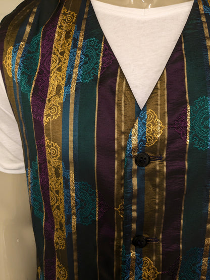 Gilet vintage whoopi. Motif brillant en or vert bleu violet -colore. Taille L.