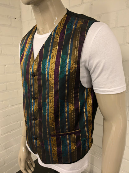 Gilet vintage whoopi. Motif brillant en or vert bleu violet -colore. Taille L.