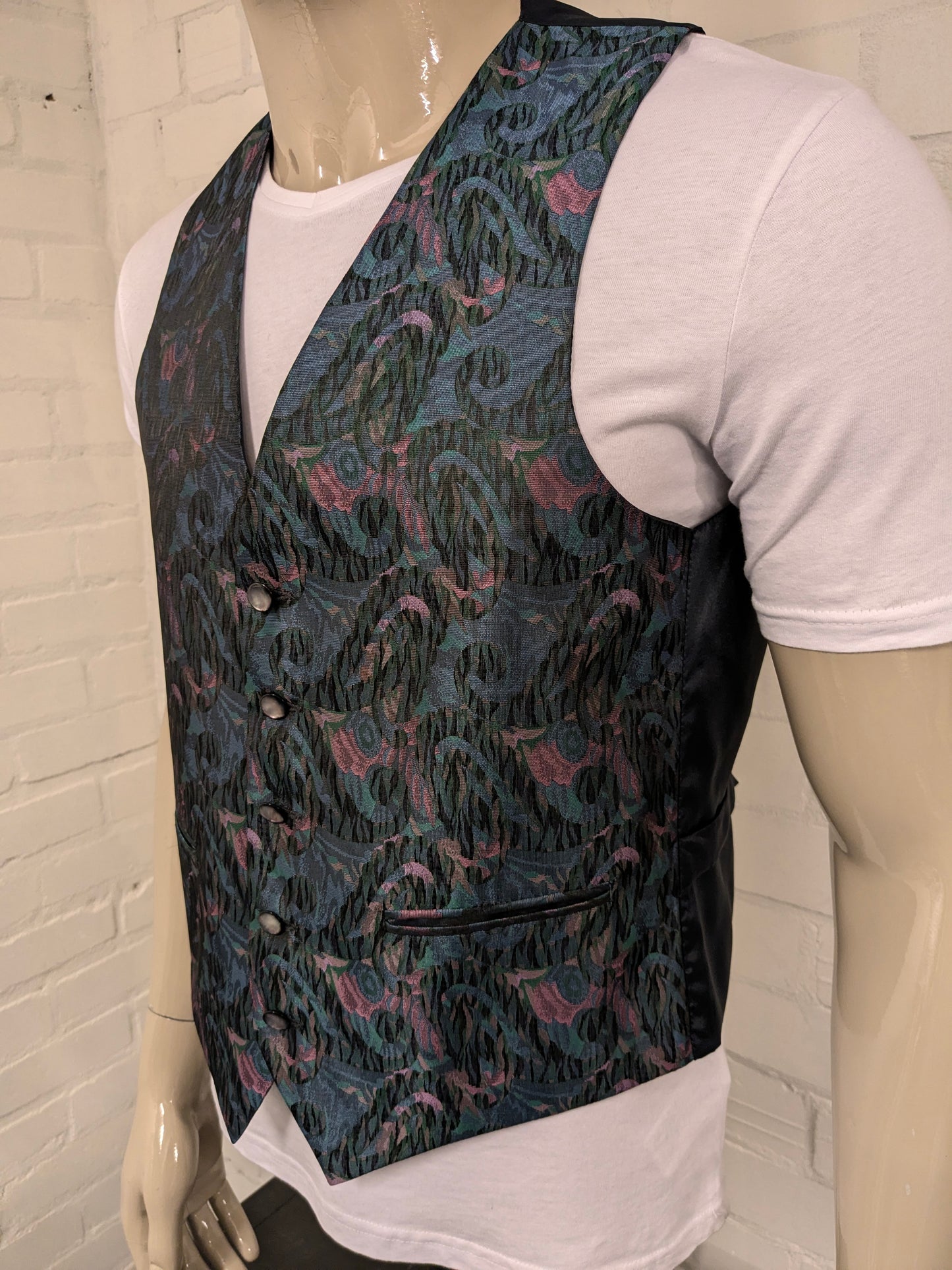 Vintage Brown's gilet. Roze Groen Blauwe print. Maat M.