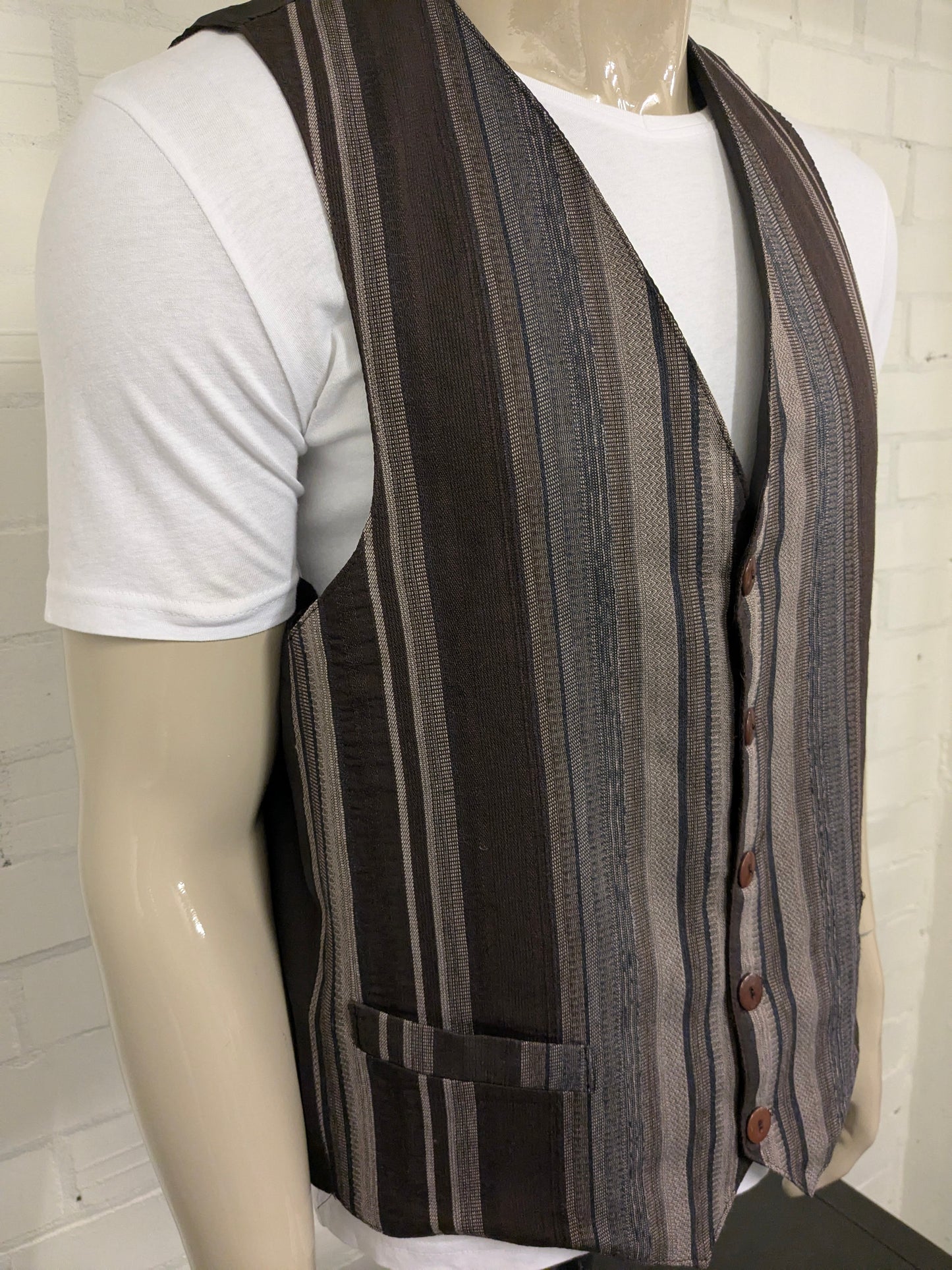 Vintage New Fast waistcoat. Brown dark blue lilac striped. Size XL.