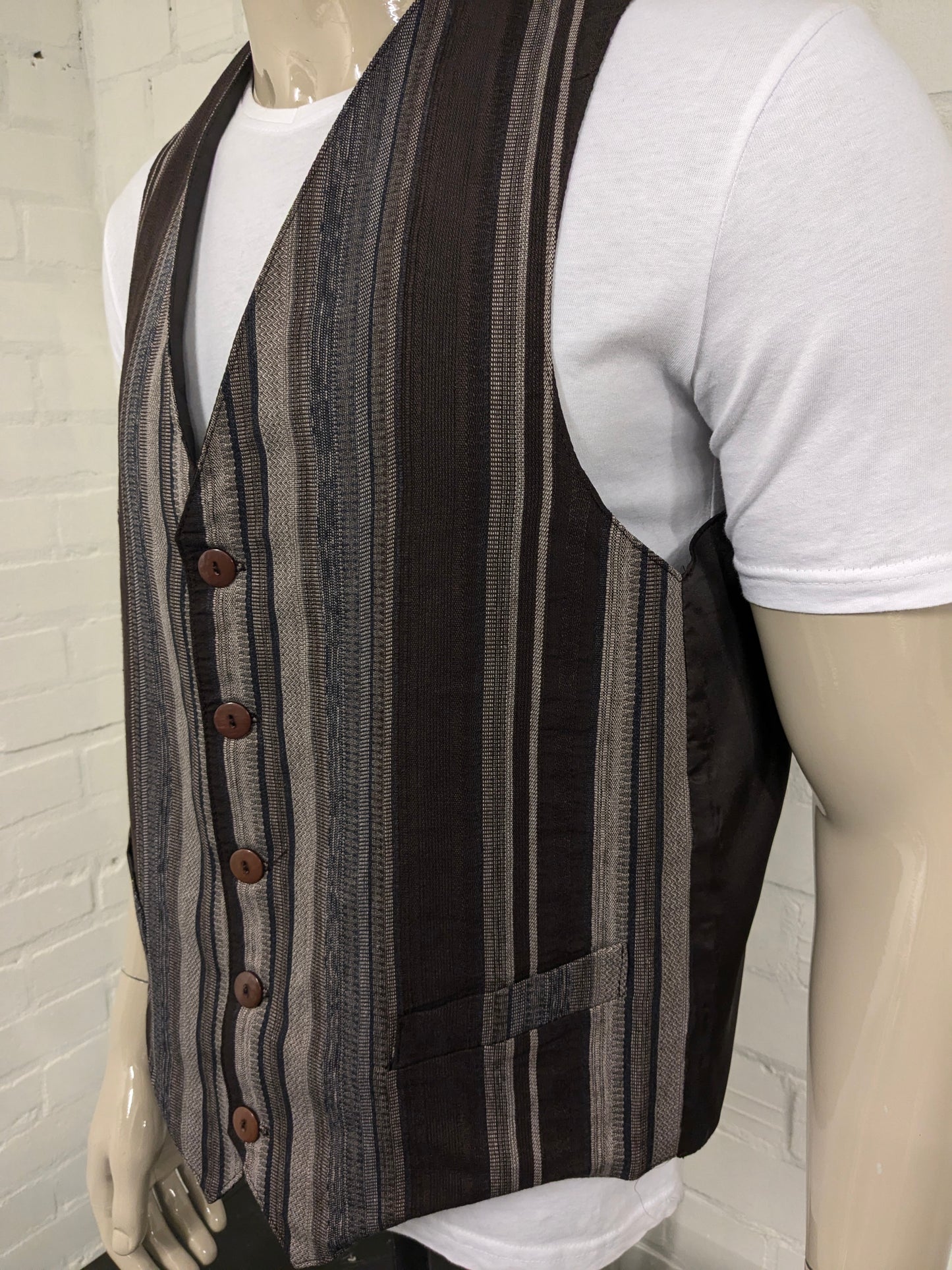 Vintage New Fast waistcoat. Brown dark blue lilac striped. Size XL.