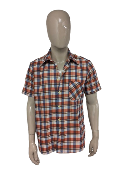 Vintage 70's TOM overhemd korte mouw met puntkraag. Rood Oranje Beige Blauw geruit. Maat L.