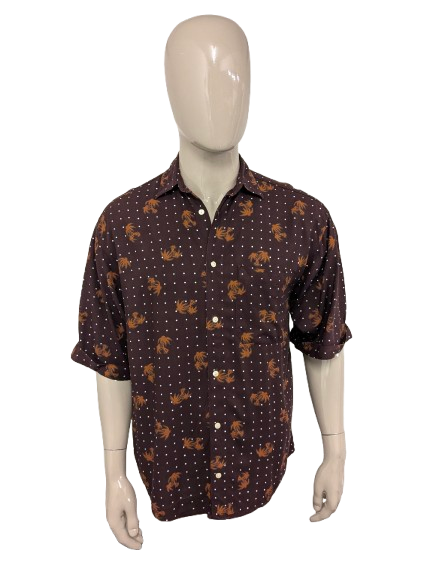 Vintage Bergerie di Cania Hawaii overhemd korte mouw. Bruine palmbomen print. Maat XL.