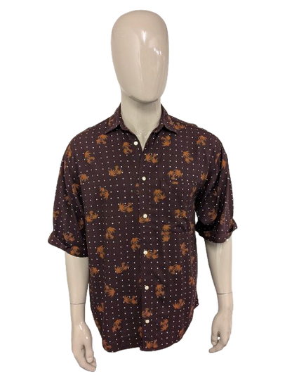 Vintage Bergerie di Cania Hawaii overhemd korte mouw. Bruine palmbomen print. Maat XL.