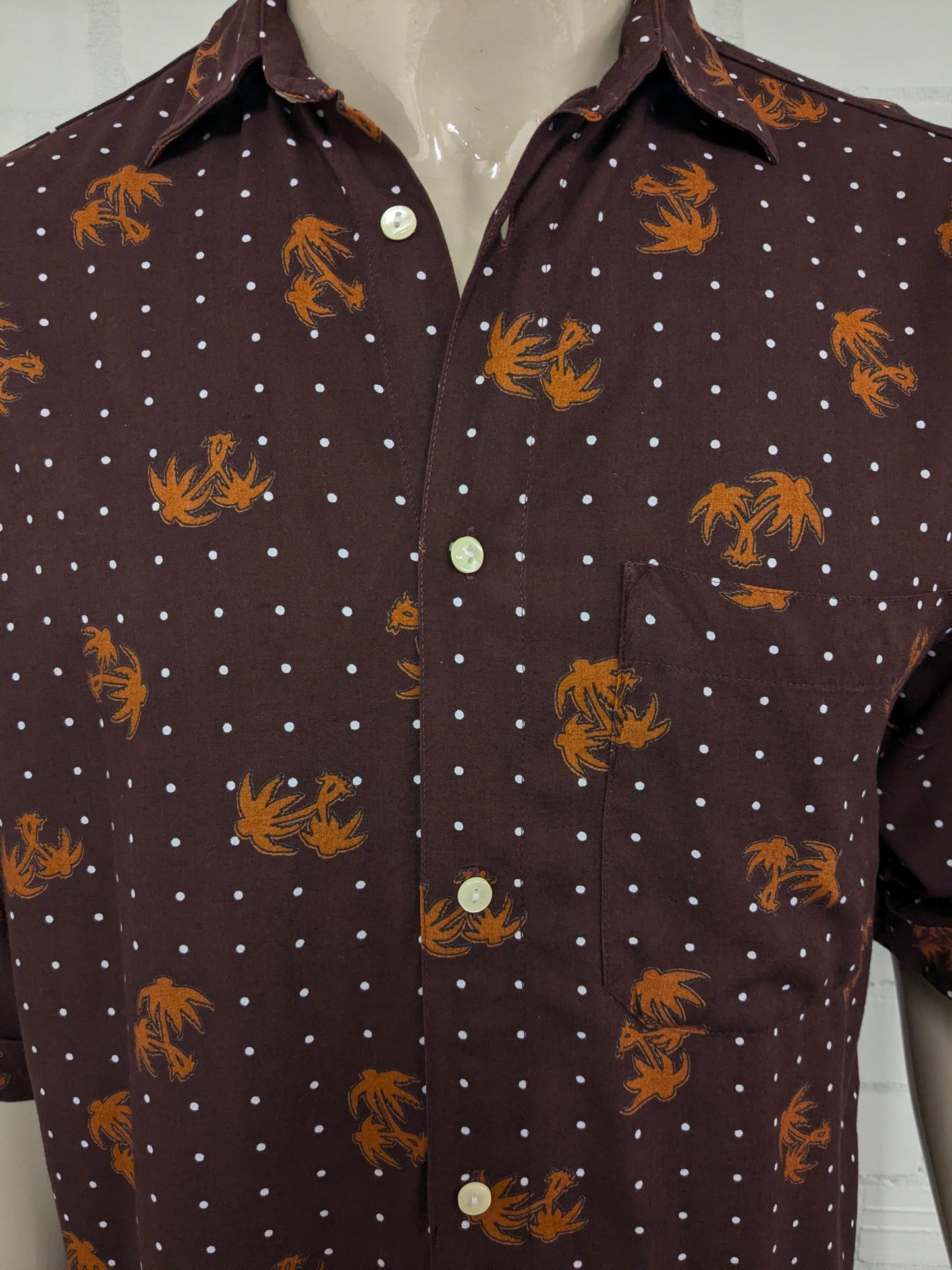 Vintage Bergerie di Cania Hawaii overhemd korte mouw. Bruine palmbomen print. Maat XL.