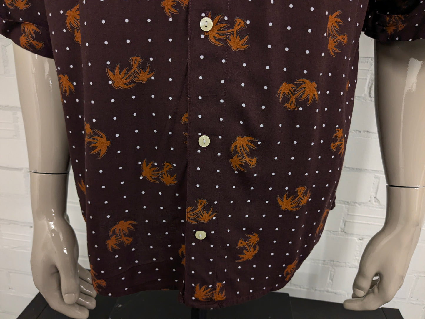 Vintage Bergerie di Cania Hawaii overhemd korte mouw. Bruine palmbomen print. Maat XL.