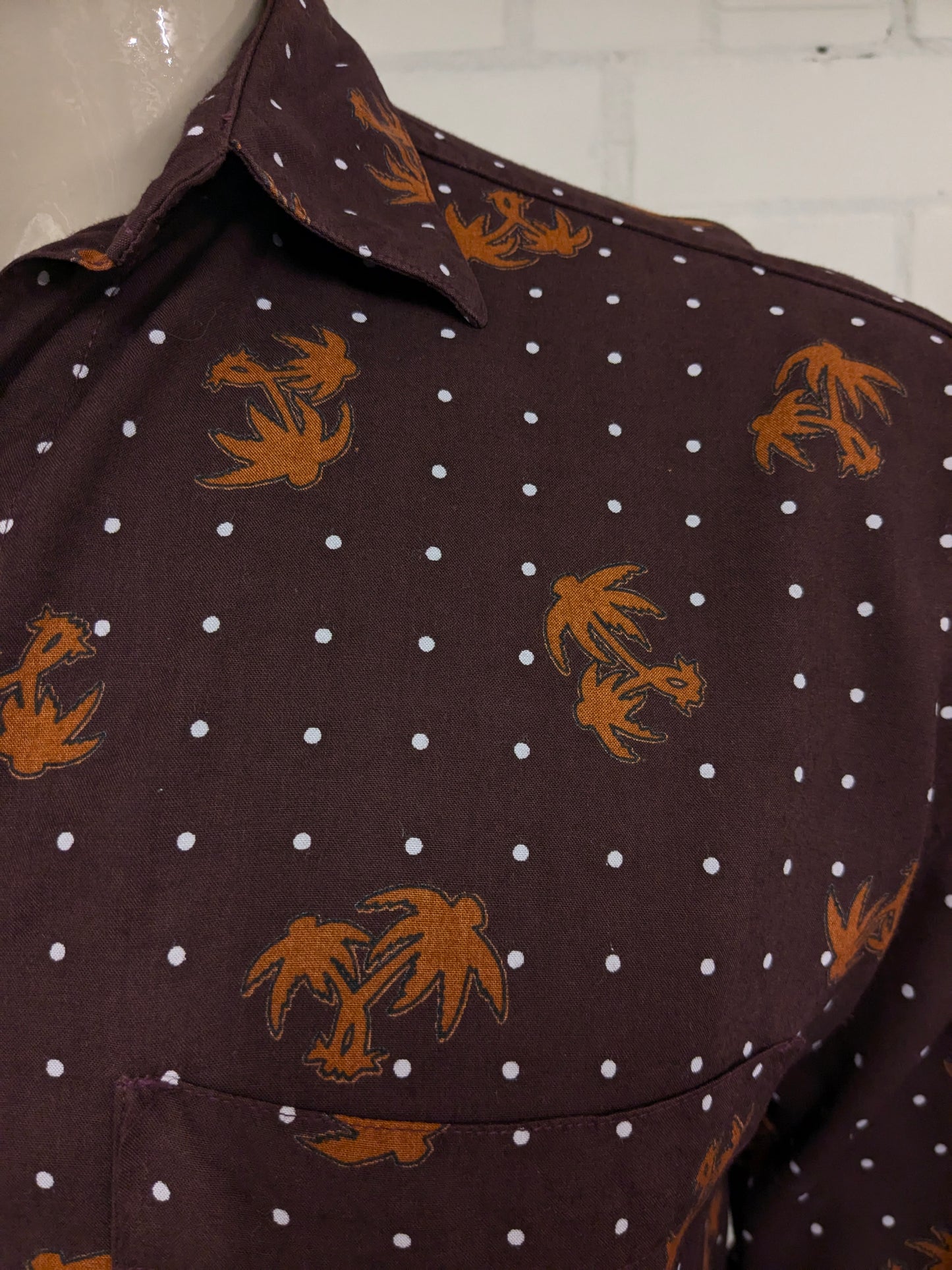 Vintage Bergerie di Cania Hawaii overhemd korte mouw. Bruine palmbomen print. Maat XL.