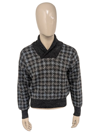 Teddy Chewitt suéter de lana vintage con un collar grande. Gris azul de color blanco. Tamaño M. 20% de lana.