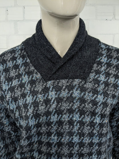 Teddy Chewitt suéter de lana vintage con un collar grande. Gris azul de color blanco. Tamaño M. 20% de lana.