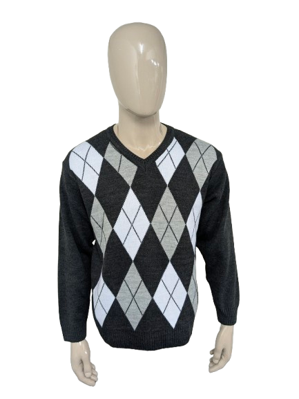 Magione di lana l'Onn vintage con scollo a V. Stampa argyle bianca grigia. Taglia XL. Lana al 100%.