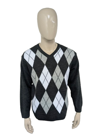 Magione di lana l'Onn vintage con scollo a V. Stampa argyle bianca grigia. Taglia XL. Lana al 100%.