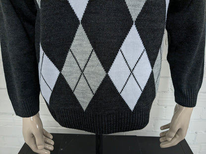 Magione di lana l'Onn vintage con scollo a V. Stampa argyle bianca grigia. Taglia XL. Lana al 100%.