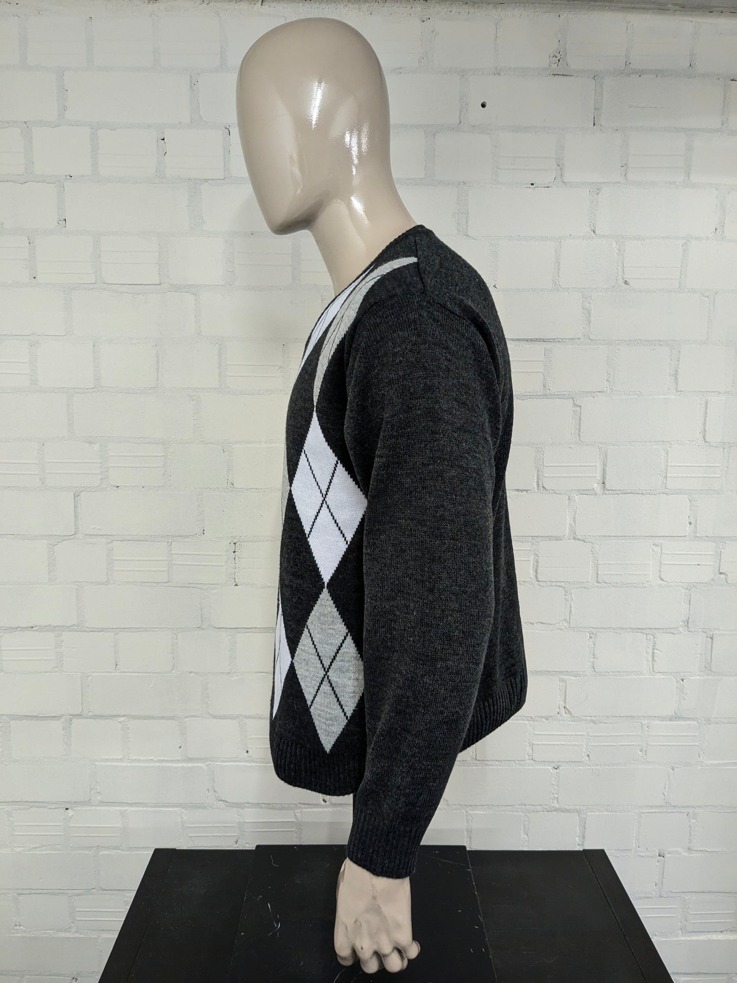 Magione di lana l'Onn vintage con scollo a V. Stampa argyle bianca grigia. Taglia XL. Lana al 100%.