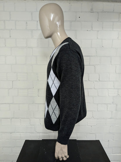 Magione di lana l'Onn vintage con scollo a V. Stampa argyle bianca grigia. Taglia XL. Lana al 100%.