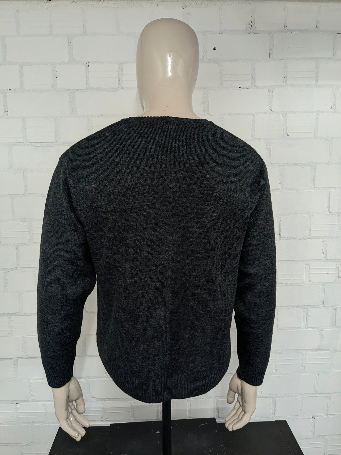 Magione di lana l'Onn vintage con scollo a V. Stampa argyle bianca grigia. Taglia XL. Lana al 100%.