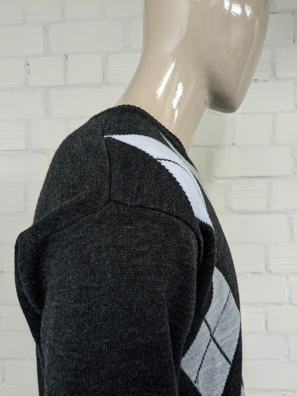 Magione di lana l'Onn vintage con scollo a V. Stampa argyle bianca grigia. Taglia XL. Lana al 100%.