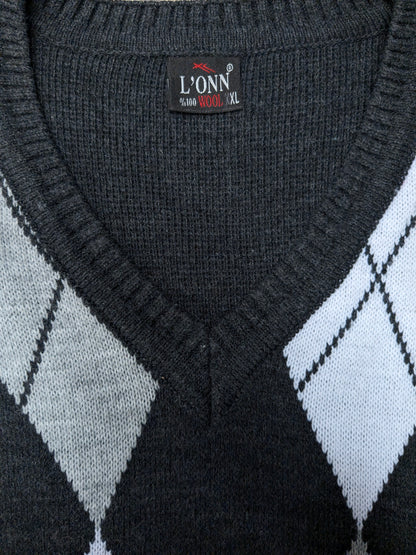 Magione di lana l'Onn vintage con scollo a V. Stampa argyle bianca grigia. Taglia XL. Lana al 100%.