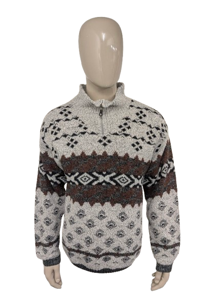 Pull Vogue vintage avec fermeture éclair. Brun gris blanc coloré. Taille L.