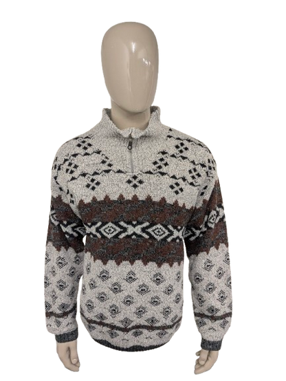 Pull Vogue vintage avec fermeture éclair. Brun gris blanc coloré. Taille L.